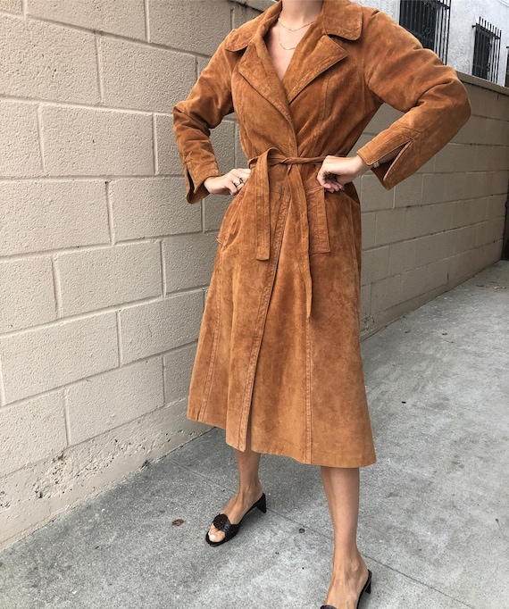 【vintage】suede long coat Women's Vintage Brown Suede Leather Trench Coat – 70s