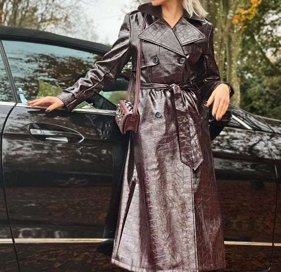 Brown Croc-embossed Faux Leather Trench Coat: Belted Vintage Style