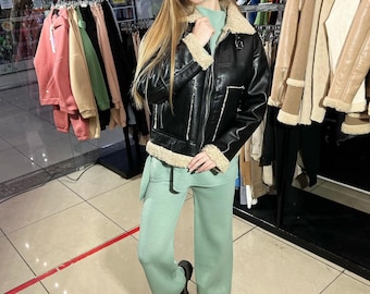 Handmade Black Sheepskin Leather B3 Bomber Jacket: Women's Aviator Shearling Winter Coat