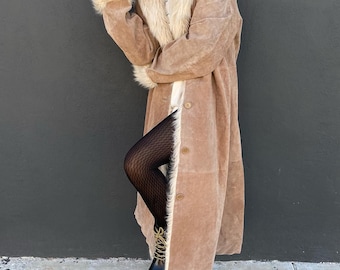 Brown Sheepskin Suede Penny Lane Coat: Vintage Shearling Trench Coat