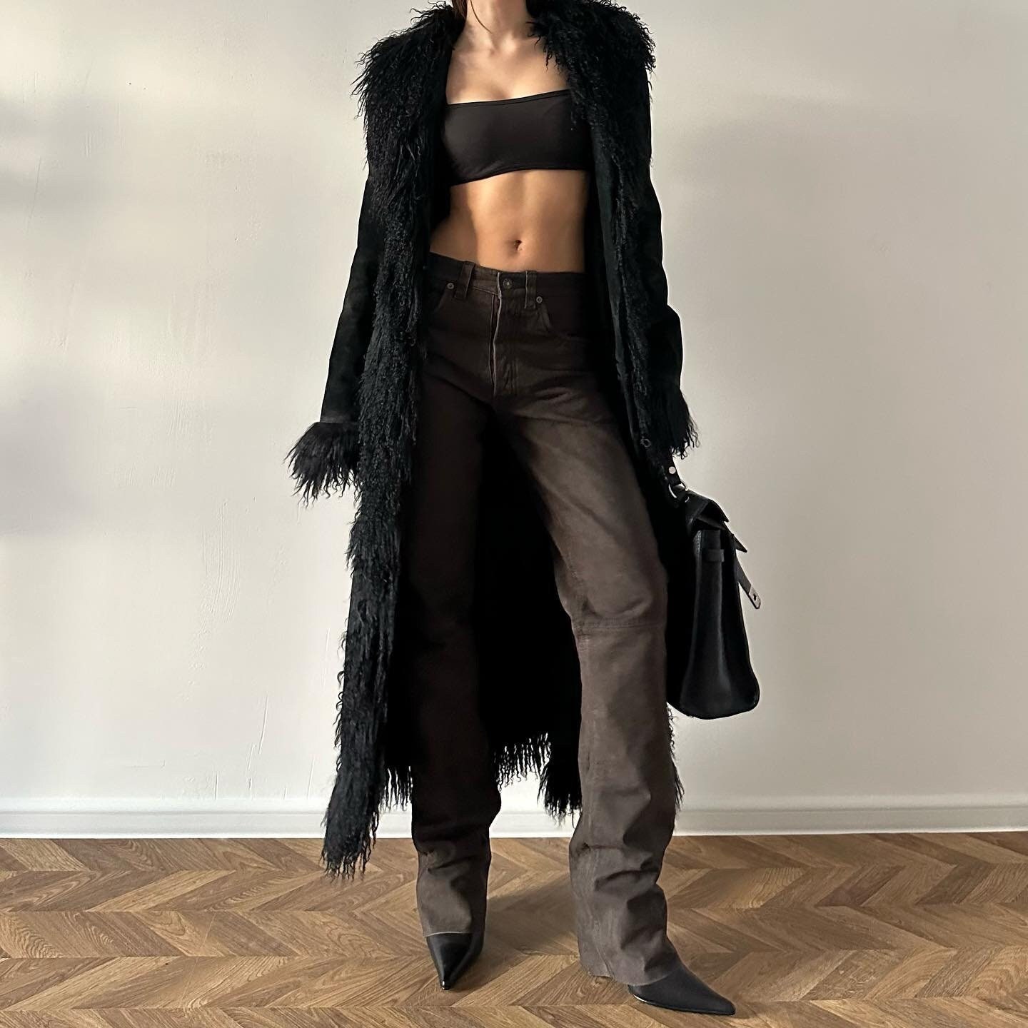 Women Black Suede Leather Penny Lane Afghan Coat Women's