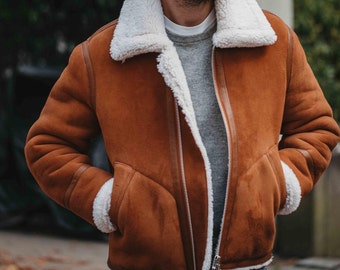 Handmade Brown Suede Leather Trucker Jacket: Shearling Collar Winter Coat