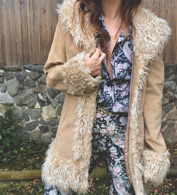Vintage 90s Afghan Suede Leather Shearling Coat: Handmade Boho