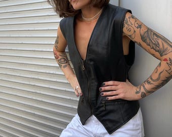 Chaleco de Cuero Vintage para Mujeres, Chaleco Negro de Cuero Genuino, Top Sin Mangas Estilo 80s y 90s, Regalo