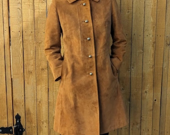Vintage 70s Brown Suede Leather Trench Coat: Shearling Winter Outerwear