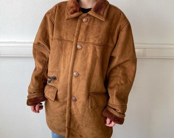 Brown Sheepskin Suede Shearling Coat: Vintage Boho Winter Outerwear