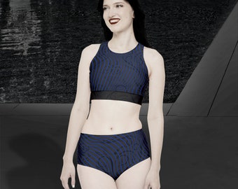 Two Piece Sport Bikini Set - Double Vision Blue Stripe
