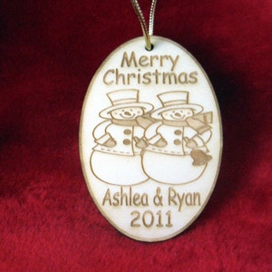 Christmas ornament Personalized wooden snowman couple ornament with name and date couple's first Holiday image 2