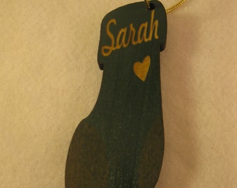 Personalized wooden christmas cut out stocking ornament or gift tag
