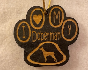 Personalized wooden christmas cut out paw print dog breed I love my ornament or gift tag