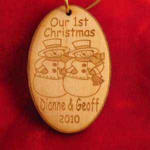 Christmas ornament Personalized wooden snowman couple ornament with name and date couple's first Holiday image 4