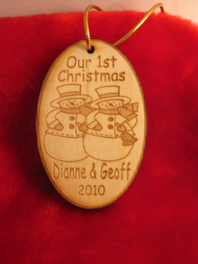 Christmas ornament Personalized wooden snowman couple ornament with name and date couple's first Holiday image 4