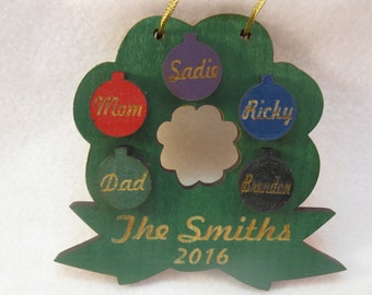 Personalized Wooden 3, 4, 5, or 6 Person Wreath Family Ornament