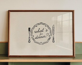 What's For Dinner Print: Trendy Dining Room Hand Drawn Kitchen Art (Digital Download, Horizontal)