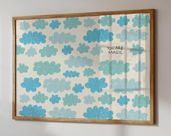 You Are Magic Cloud Print: Blue Cloud Pattern Poster, Cute Kids Room Decor, Affirmation Wall Art (Digital Download, Horizontal)