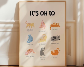 It's Okay To Not Be Okay Poster Educational Poster Therapy poster Feelings Poster School Counselor Sign Mental Health Cute Cat Wall Print
