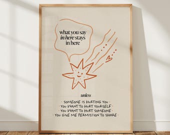 Therapy Office Confidentiality Poster, What You Say In Here Stays In Here Print, Counselor Office Decor, Mental Health Wall Art