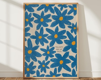 Thoughts Are Not Facts Wall Art Print | Mental Health Poster | Floral Blue Abstract Art | CBT Therapy Decor | Mindfulness Self Care Print