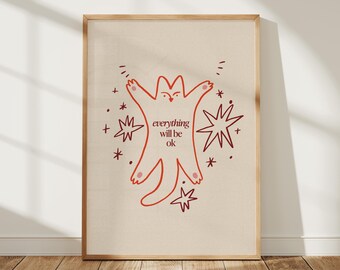 Cat Illustration Print, Comforting Affirmation Wall Art (Digital Download)
