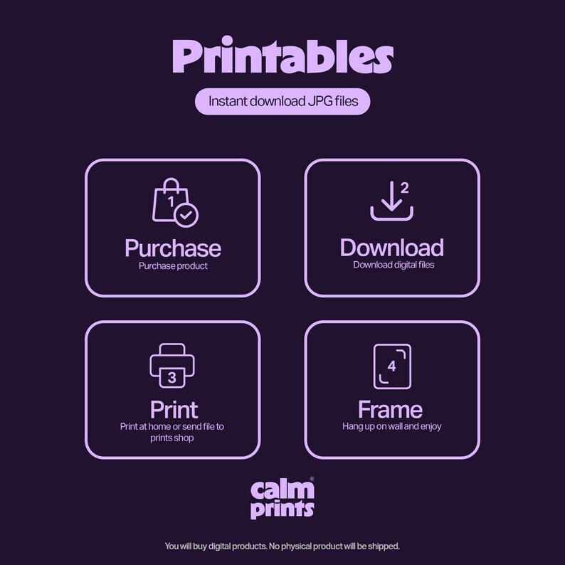 May include: A purple and white graphic with the text "Printables" and "Instant download JPG files".  The graphic shows four steps for purchasing and printing digital files: purchase, download, print, and frame.