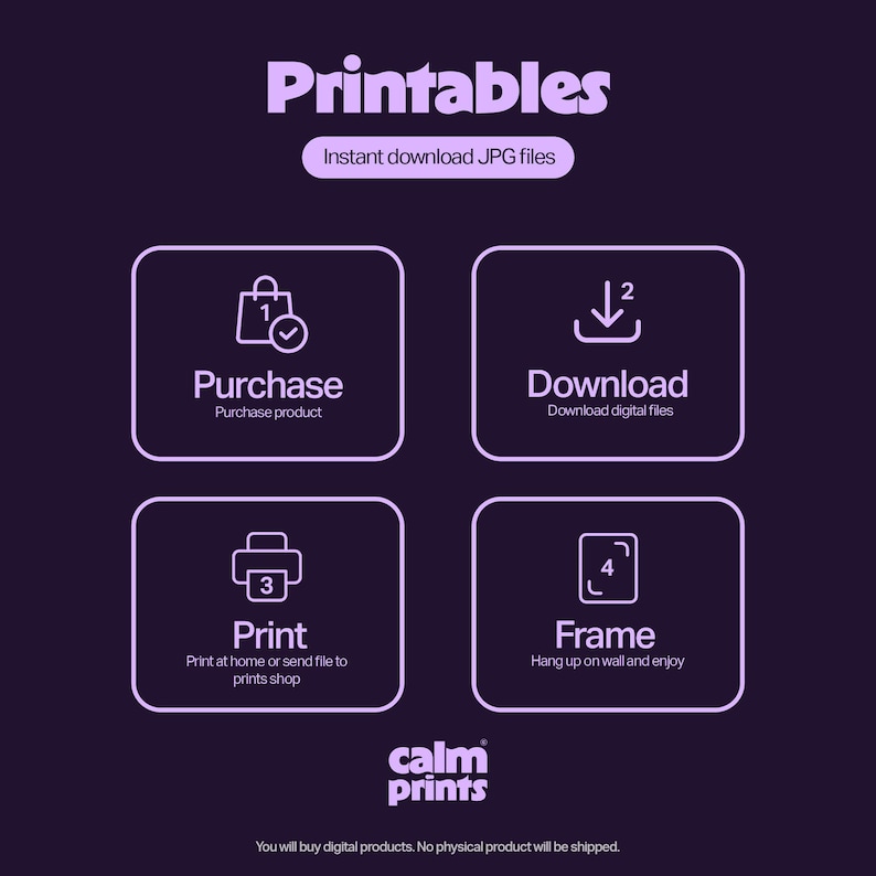 May include: A purple and white graphic with the text "Printables" and "Instant download JPG files".  The graphic shows four steps for purchasing and printing digital files: purchase, download, print, and frame.