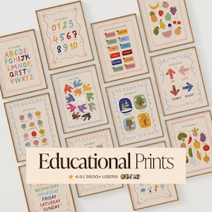 May include: A collection of educational prints with various themes, including the alphabet, numbers, colors, shapes, seasons, and directions. Each print features colorful illustrations and text, framed in a light brown border. The prints are designed for educational purposes.