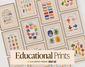 Educational Nursery 12 Prints Bundle, School Learning Posters Set, Montessori Classroom Wall Art, Kids Educational Printable Decor