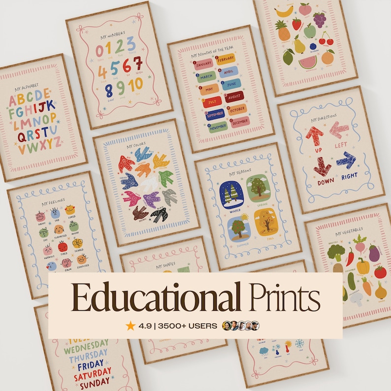 May include: A collection of educational prints with various themes, including the alphabet, numbers, colors, shapes, seasons, and directions. Each print features colorful illustrations and text, framed in a light brown border. The prints are designed for educational purposes.