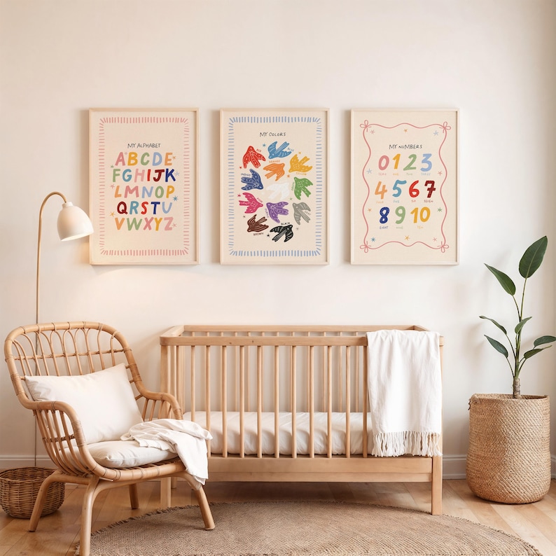 May include: Three framed educational prints for a nursery. The prints display the alphabet, colors, and numbers. The alphabet print has a colorful border and letters. The color print shows colorful bird shapes. The number print has numbers 0-10.