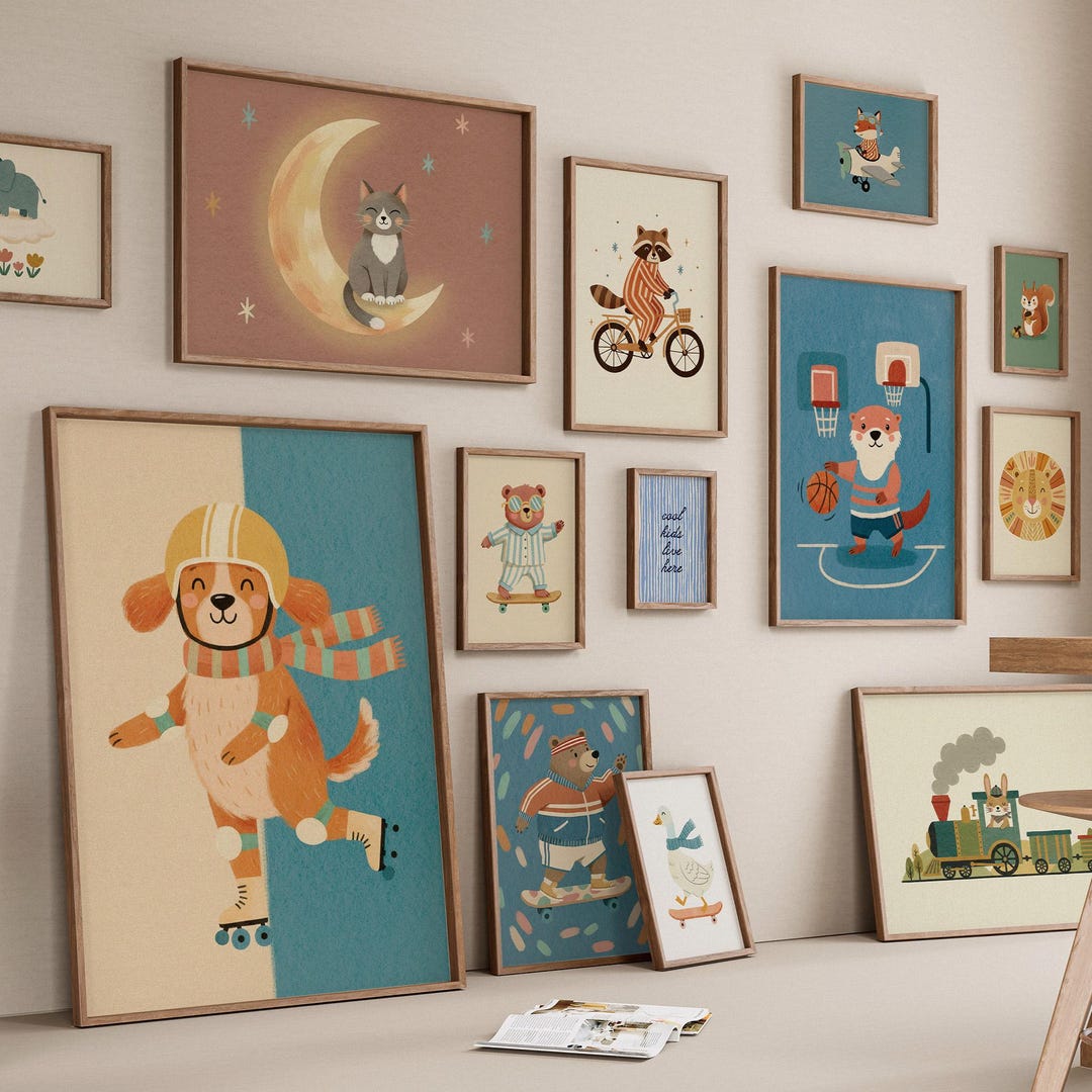 Kids Wall Art Bundle Set of 100 Prints, Playful Animal Art, Modern ...