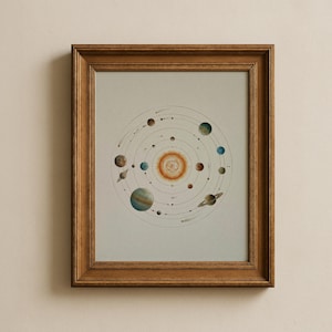 May include: A framed print depicting a watercolor illustration of the solar system. The artwork features the sun at the center, surrounded by planets and their orbits. The frame is made of wood with a warm, brown finish.