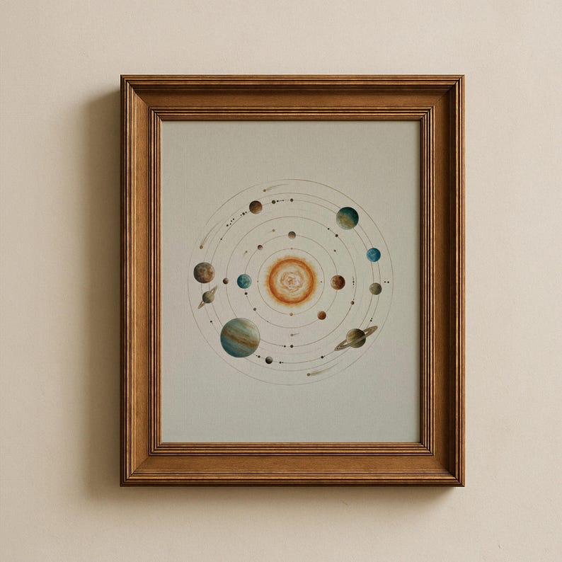 May include: A framed print depicting a watercolor illustration of the solar system. The artwork features the sun at the center, surrounded by planets and their orbits. The frame is made of wood with a warm, brown finish.