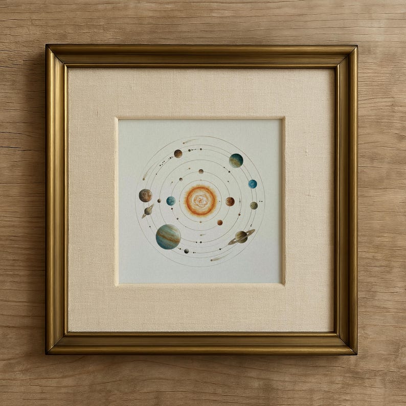 May include: Framed watercolor painting of the solar system. The artwork features a central sun with planets of various colors orbiting around it. The frame is gold-colored, and the artwork is set against a cream-colored mat.