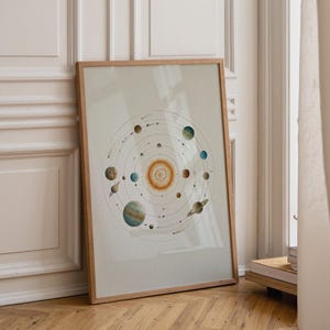 May include: A framed print featuring a watercolor illustration of the solar system. The artwork depicts the sun at the center, surrounded by planets in various colors, including blue, brown, and green. The frame is made of light-colored wood.