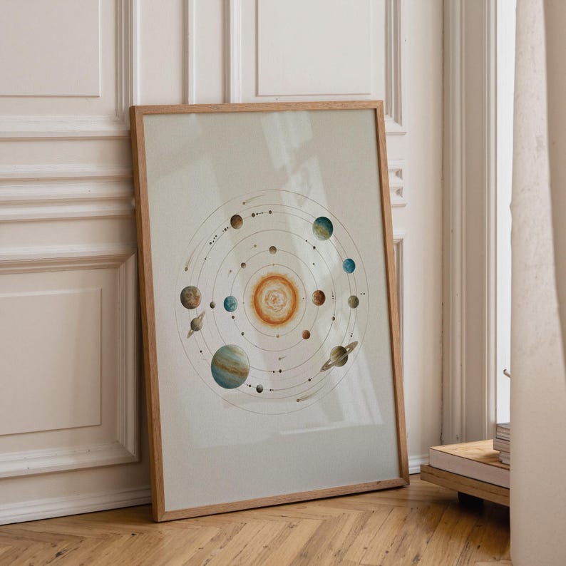 May include: A framed print featuring a watercolor illustration of the solar system. The artwork depicts the sun at the center, surrounded by planets in various colors, including blue, brown, and green. The frame is made of light-colored wood.