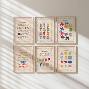 May include: Six framed educational posters with colorful illustrations. The posters display the alphabet, feelings, colors, shapes, numbers, and days of the week. Each poster has a cream-colored background and a wooden frame.