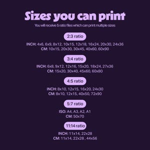 May include: A purple graphic lists print sizes in inches and centimeters for various ratios, including 2:3, 3:4, 4:5, 5:7, and 11:14. The text indicates the availability of five ratio files for printing multiple sizes.