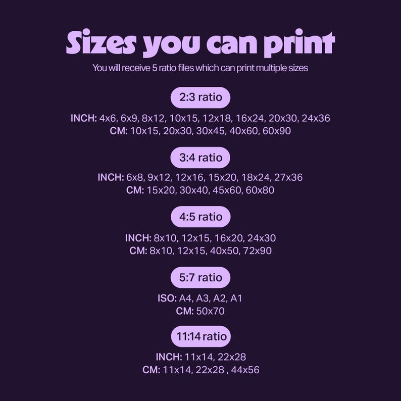 May include: A purple graphic lists print sizes in inches and centimeters for various ratios, including 2:3, 3:4, 4:5, 5:7, and 11:14. The text indicates the availability of five ratio files for printing multiple sizes.