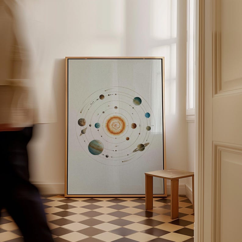 May include: A framed print of a solar system diagram. The artwork features a central sun with planets of various colors orbiting around it. The frame is a light wood color, and the print is displayed in a room with a small wooden side table.