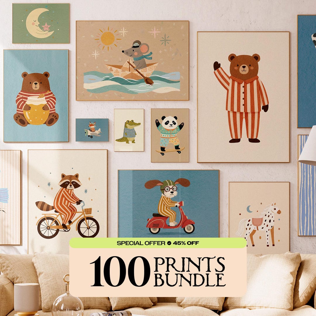100 Nursery Wall Art Bundle Printable Kids Room Decor Animal Posters ...
