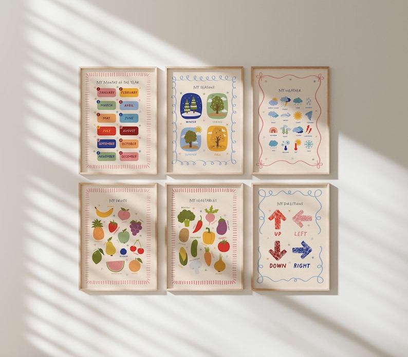 May include: Six framed educational posters with colorful illustrations. The posters cover topics like months, seasons, weather, fruits, vegetables, and directions. Each poster has a cream-colored background and a wooden frame.