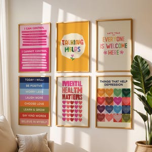 6 carteles de terapia, decoración para psicólogos escolares, asistentes sociales, material imprimible para el regreso a clases, impresiones de arte mural para terapeutas, tablones de anuncios