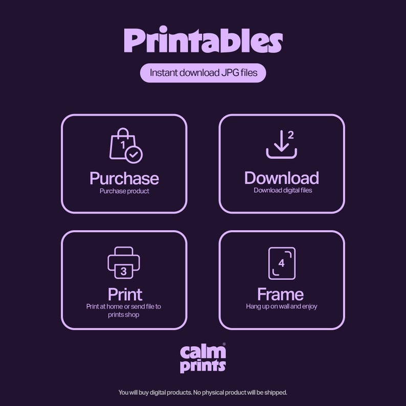 Pu&ograve; includere: Una grafica viola e bianca con il testo "Printables" e "Download immediato di file JPG". La grafica mostra quattro passaggi per l'acquisto e la stampa di file digitali: acquistare, scaricare, stampare e incorniciare.