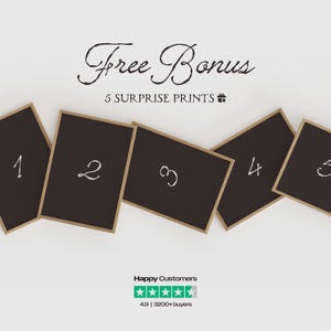 May include: An image with the text "Free Bonus" and "5 Surprise Prints". Five rectangular black cards with gold borders are numbered 1 through 5. The image also includes a customer satisfaction rating.