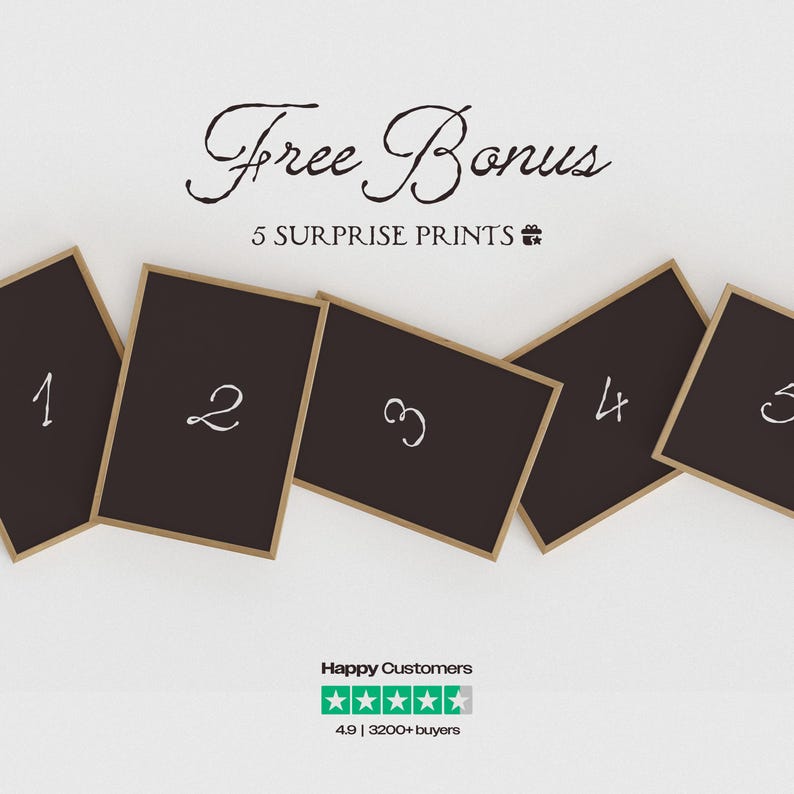 May include: An image with the text "Free Bonus" and "5 Surprise Prints". Five rectangular black cards with gold borders are numbered 1 through 5. The image also includes a customer satisfaction rating.