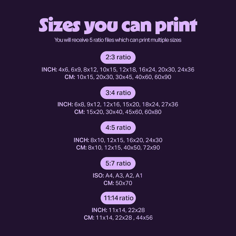 May include: A purple graphic with white text detailing print sizes. Includes inch and centimetre measurements for 2:3, 3:4, 4:5, 5:7, and 11:14 ratios. The text states that you will receive 5 ratio files.