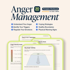 May include: A 20-page printable Anger Management workbook featuring dark blue text on a light background. The cover lists topics like Understand Your Anger and Coping Strategies. Several interior pages are visible, showing an Anger Intensity Scale and an Anger Iceberg diagram with light green borders.