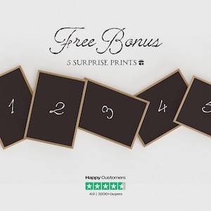 May include: An image with the text "Free Bonus" and "5 Surprise Prints". Five rectangular black cards with gold borders are numbered 1 through 5. The image also includes a customer satisfaction rating.