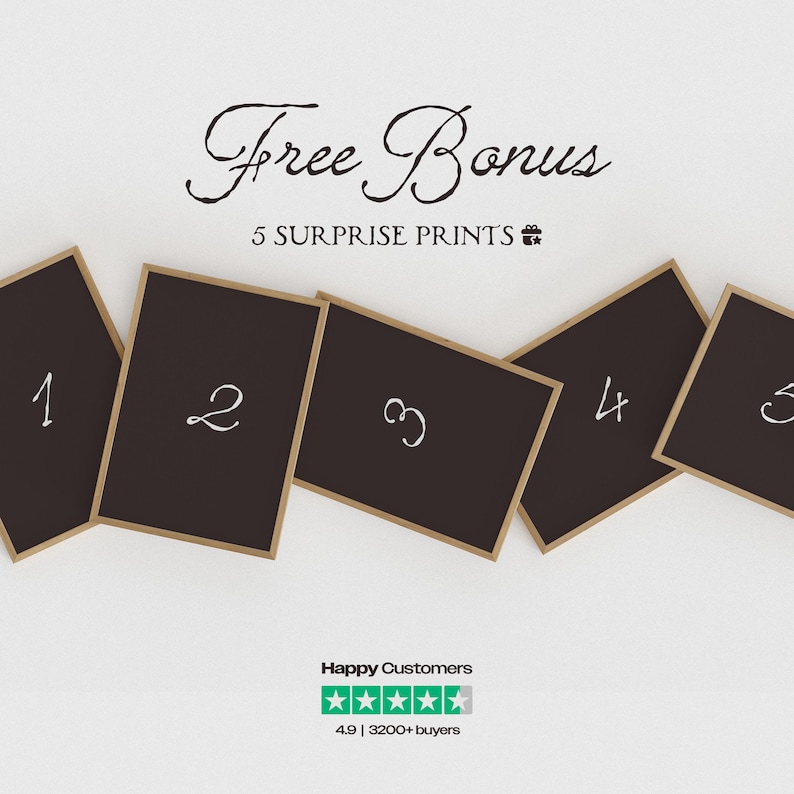May include: An image with the text "Free Bonus" and "5 Surprise Prints". Five rectangular black cards with gold borders are numbered 1 through 5. The image also includes a customer satisfaction rating.