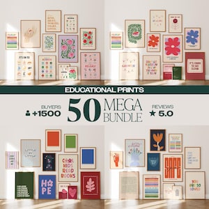 May include: A display of framed art prints with diverse designs and motivational quotes. The prints showcase colourful illustrations of flowers, hands, and abstract shapes. The text "EDUCATIONAL PRINTS" and "50 MEGA BUNDLE" are also visible.